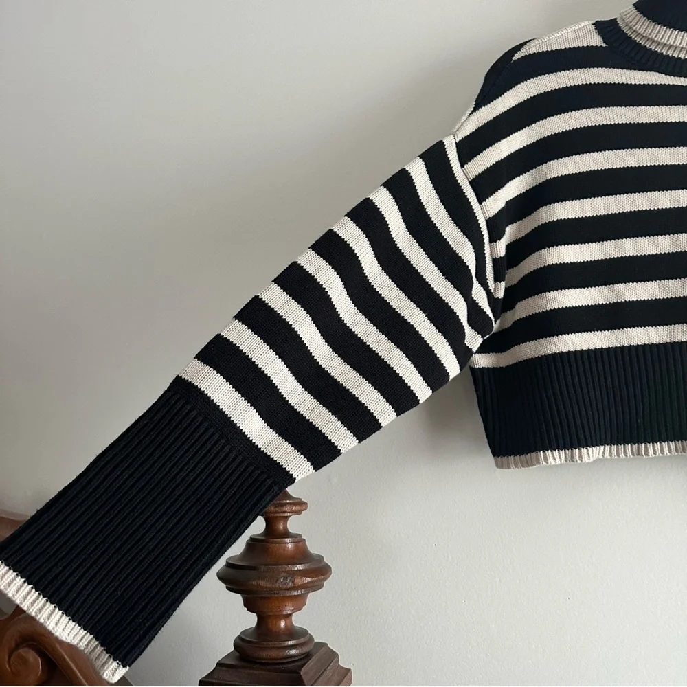 Denimist Cropped Sailor Stripe Turtleneck Sweater in Black/Tan - Picture 2 of 11